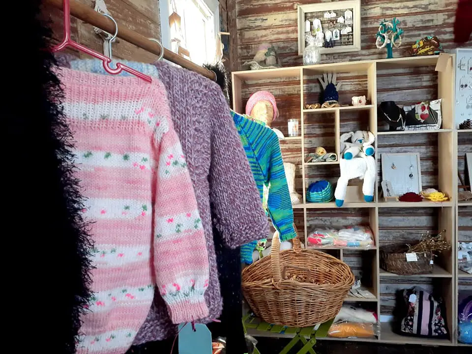 Knitwear and craft items on sale at Mountain Made Arts and Crafts, Batlow, Snowy Valleys, NSW